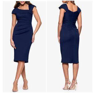 New XSCAPE  Asymmetric-Neck Scuba Short-Sleeve Dress in Navy Size 10
